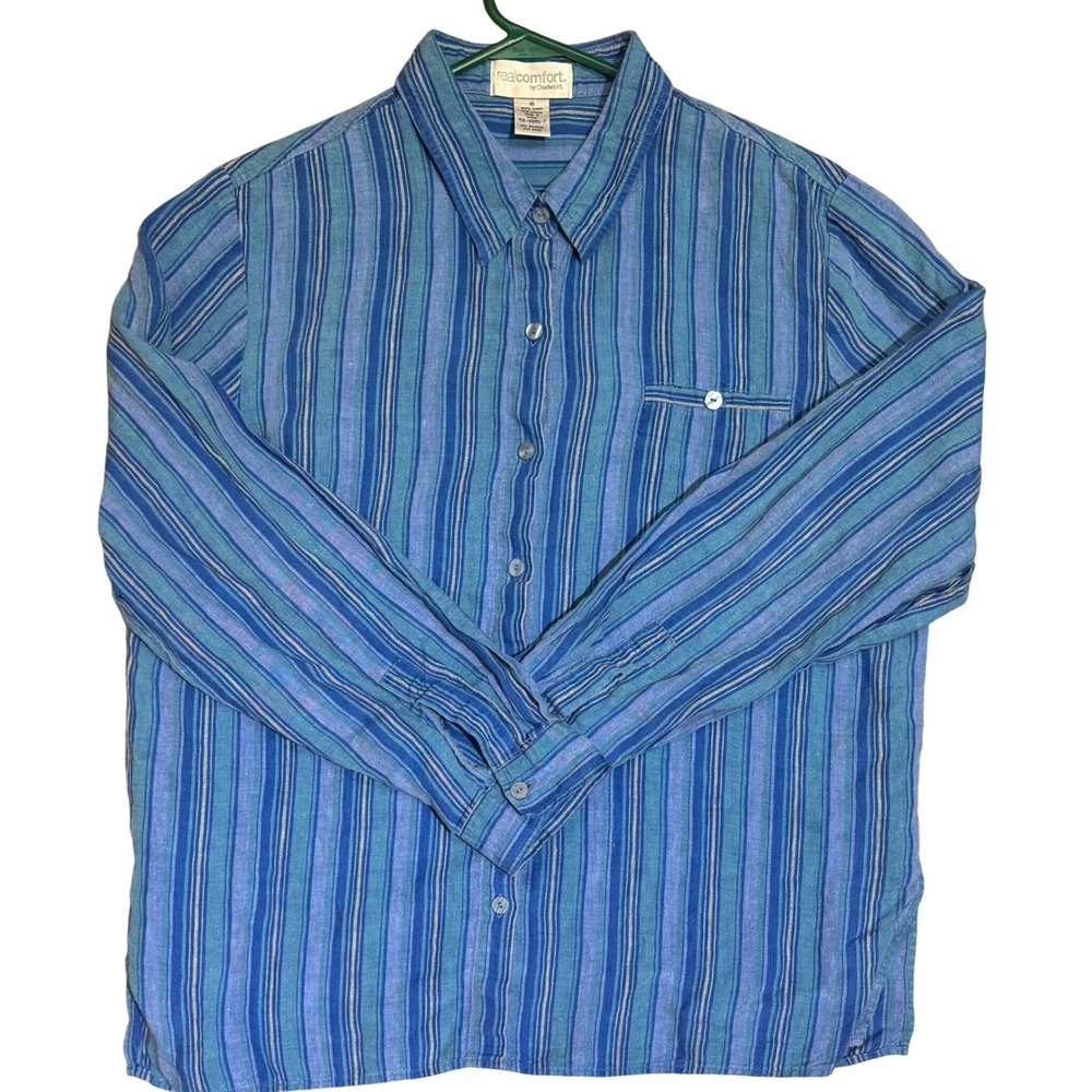 VTG Real Comfort Chadwick's Women's Linen Button Down Shirt Striped Teal Sz 16